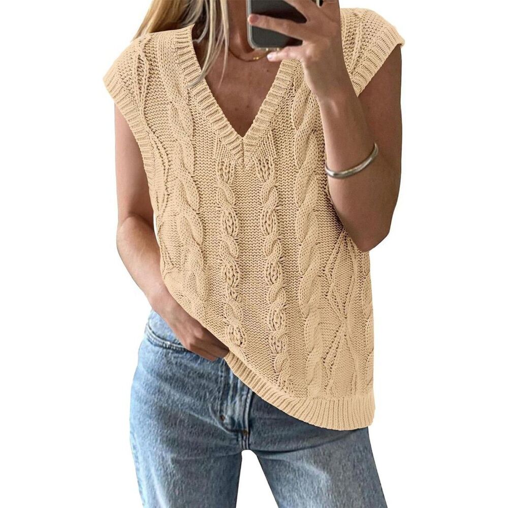 Light Khaki Oversized Cable Knit Vest